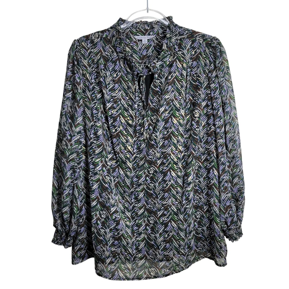 Ophelia‎ Roe Womens 1X Blouse Multi-Color Abstract Gold Metallic Ruffle Tie Top